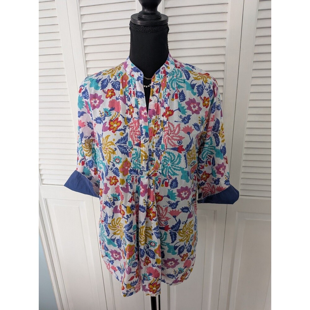 Roller Rabbit Top Women's S Multi Floral Print V Neck Blouse Pleats Cottage Core